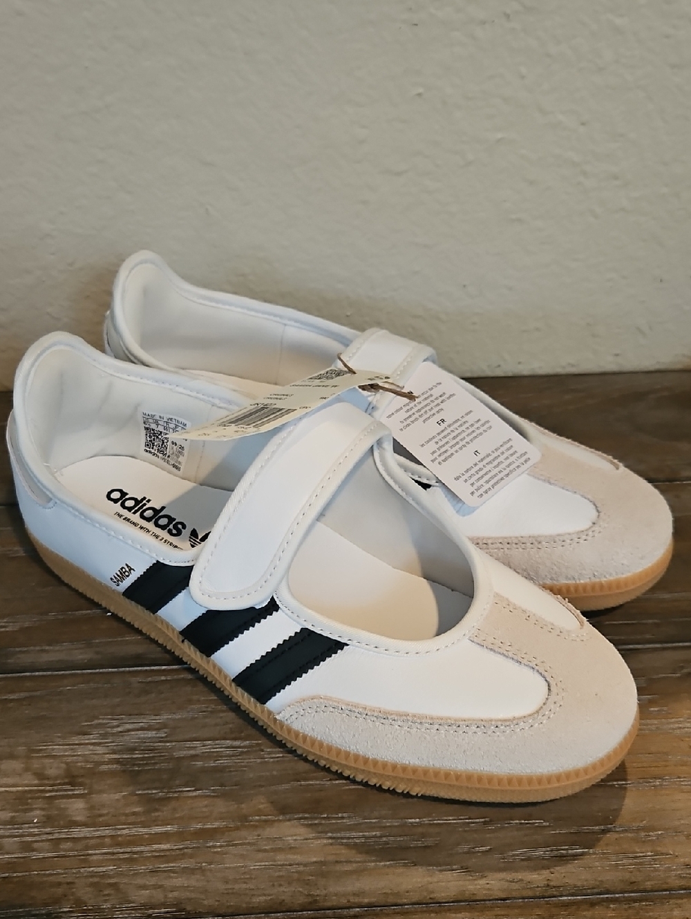 adidas White Mary Jane Flats with Black Stripes - Picture 2 of 6